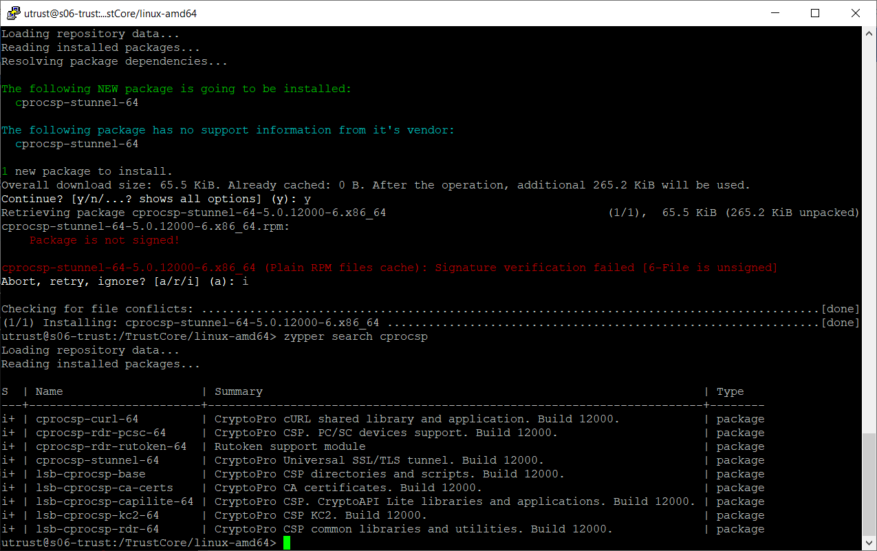 Проверим, что все нужные пакеты установлены:zypper search cprocsp  